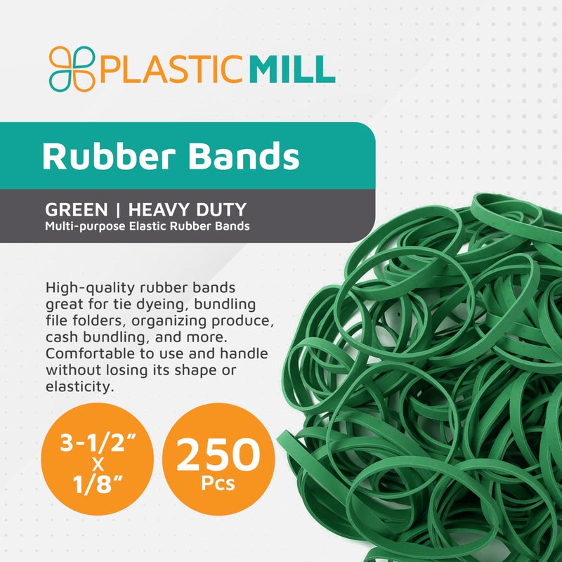 PlasticMill Green Rubber Bands Size 64 (3 1/2" x 1/4") - Colored #64 Rubber Bands Office Supplies - Thick, Elastic Rubber Bands for Tie Dyeing, File Folders, Produce, Cash Bundling (250-Count) - Image 2
